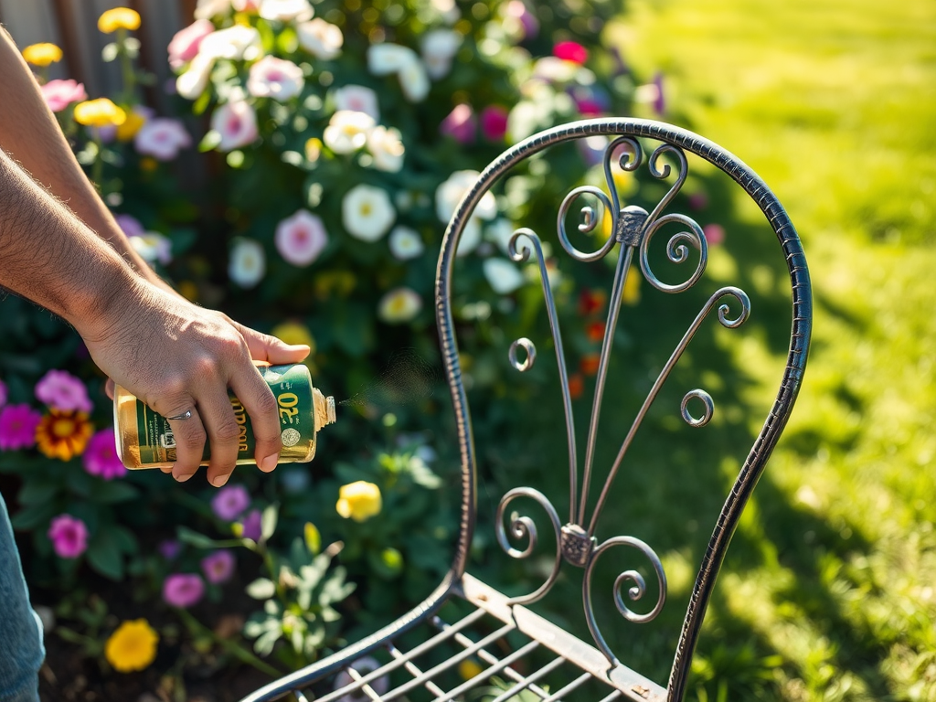 A person is spray painting a metal chair in a garden filled with colorful flowers.