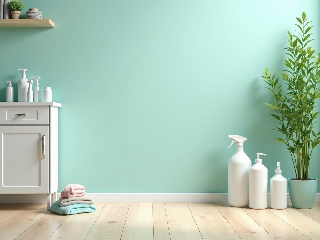 Minimalist bathroom interior with white cabinetry, assorted toiletries, and a potted plant next to a shelf.