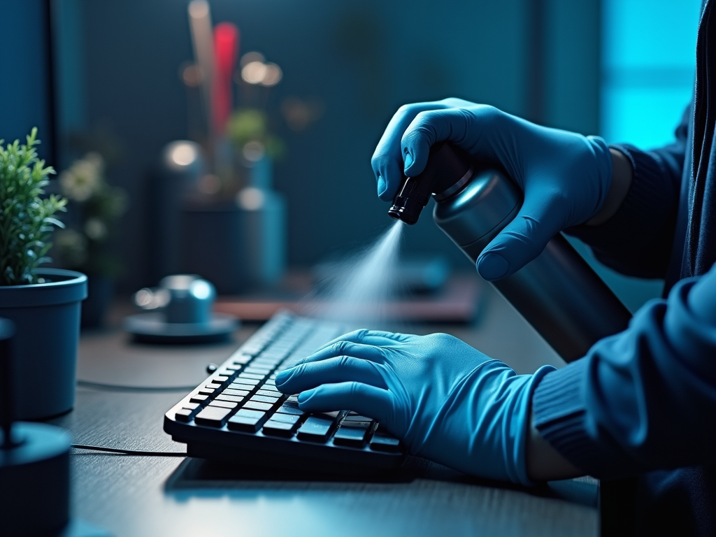 Person in blue gloves sanitizing a computer keyboard with spray in a dimly lit office.