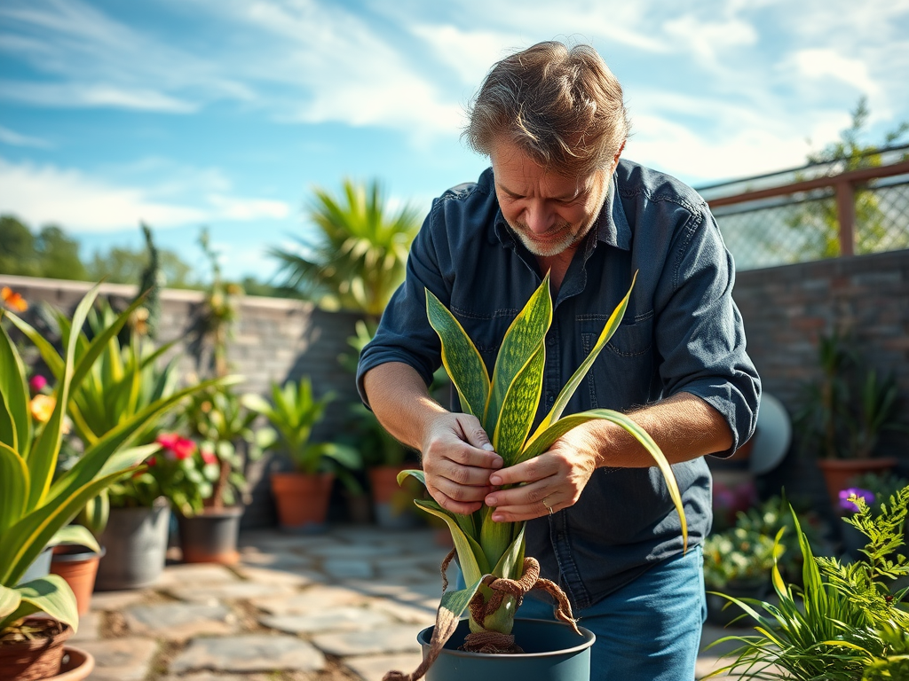 A man is tending to a potted plant in a sunny garden surrounded by various other plants and flowers.