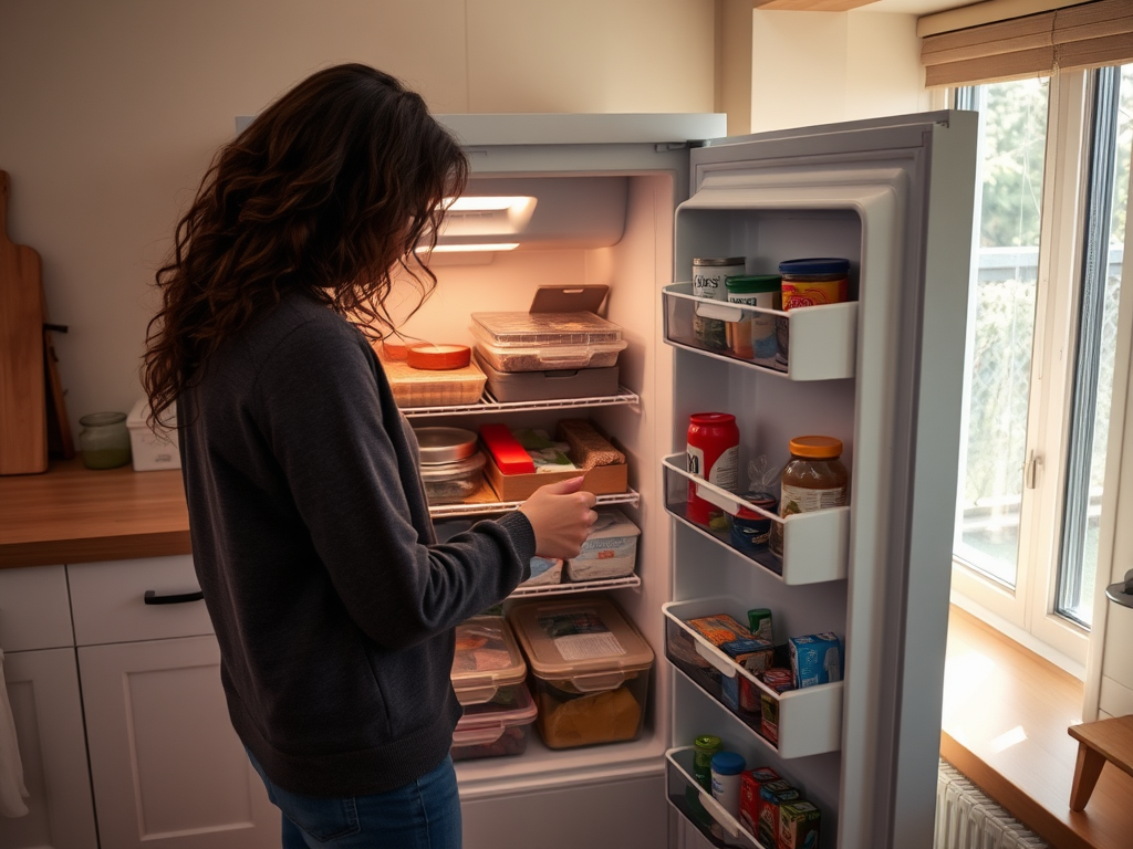 A woman checks her refrigerator, which is stocked with various containers and groceries, in a bright kitchen.