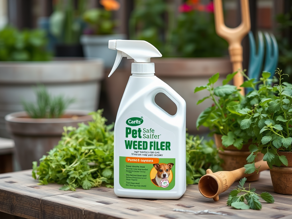 A bottle of Pet Safe Weed Filler is placed on a wooden table, surrounded by potted plants and gardening tools.