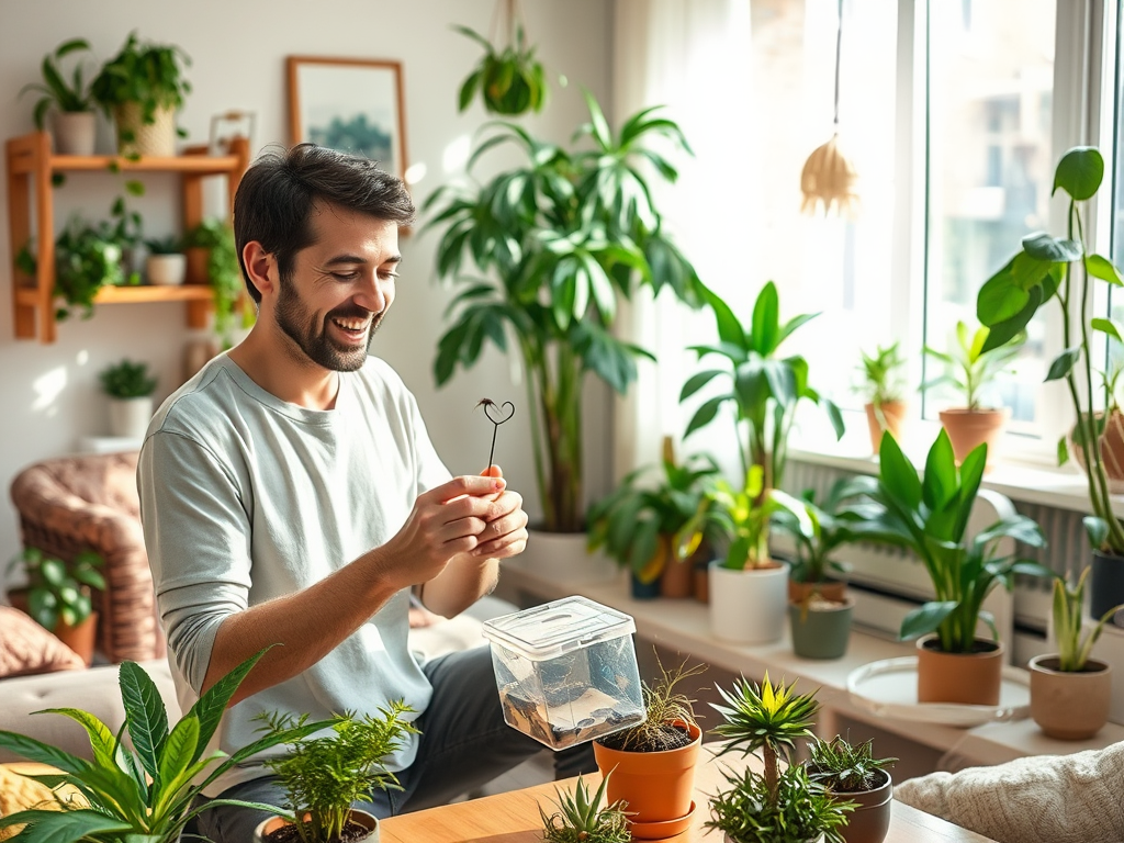 A man joyfully holds a heart-shaped tool while surrounded by various indoor plants in a bright room.