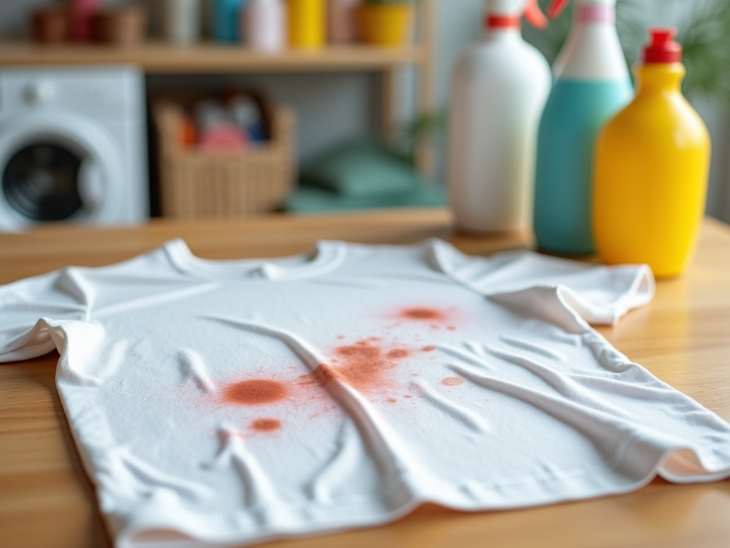 White t-shirt with red stains on a table, surrounded by laundry detergent bottles, with a washing machine in the background.