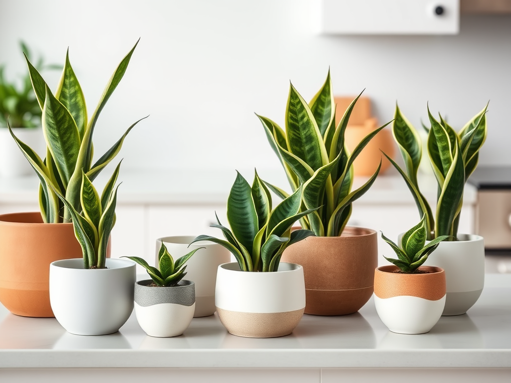 A variety of potted snake plants of different sizes and colors displayed on a white countertop.