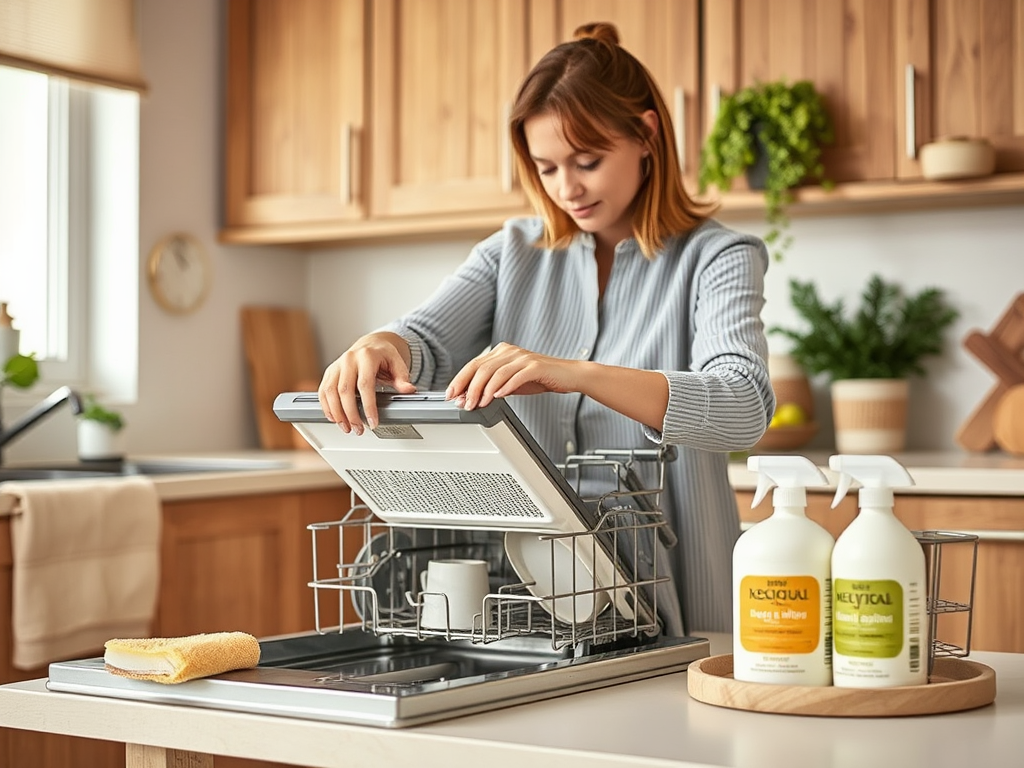 A woman in a kitchen places dishes in a dishwasher, with cleaning products nearby on a tray. Natural light fills the room.