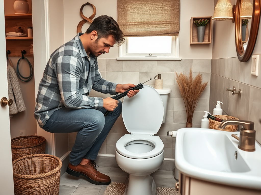 A man is crouching in a bathroom, using a tool to fix a toilet while surrounded by stylish decor and baskets.