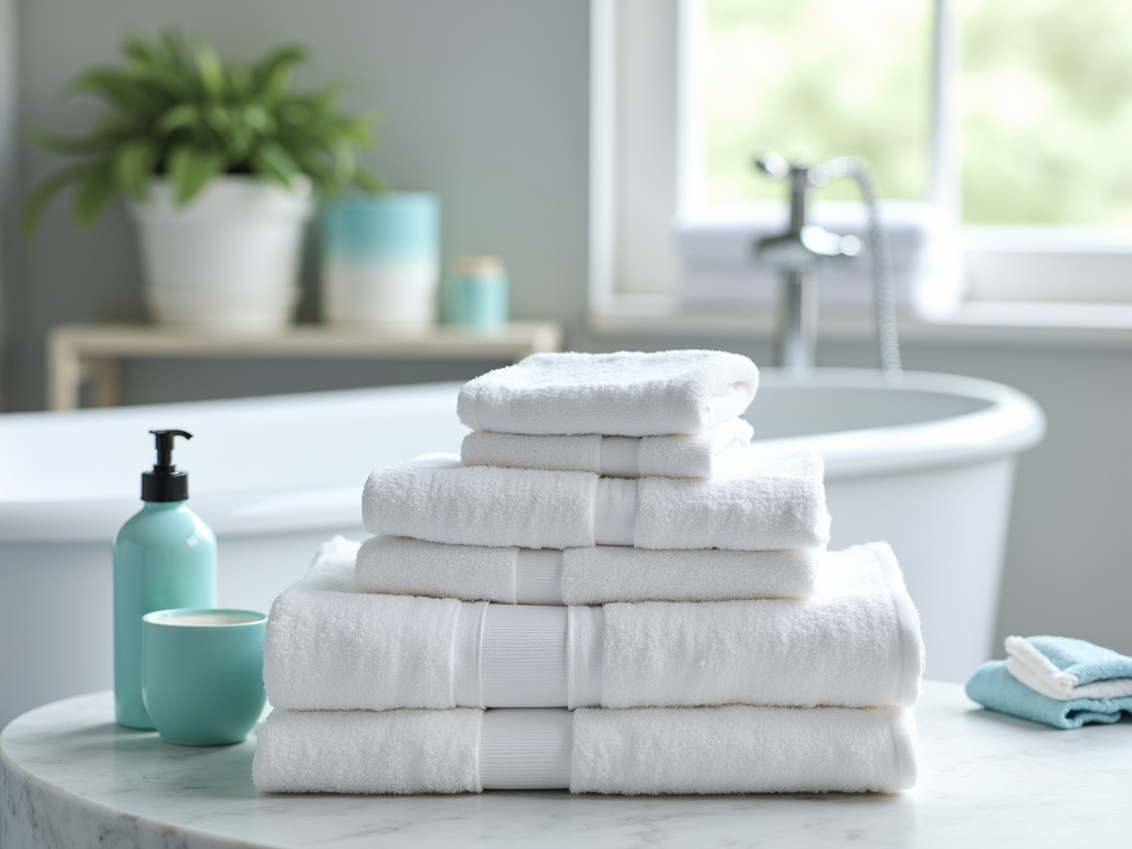 Stack of white towels on a marble counter, with a freestanding bathtub and plants in the background.