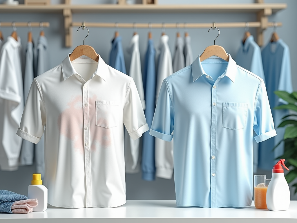 Two shirts on hangers, one stained with cleaning supplies nearby, in a laundry room.