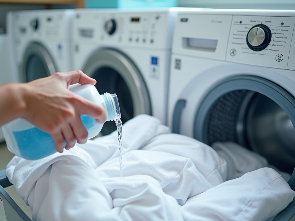 Person pouring liquid detergent on white clothes in a washing machine.