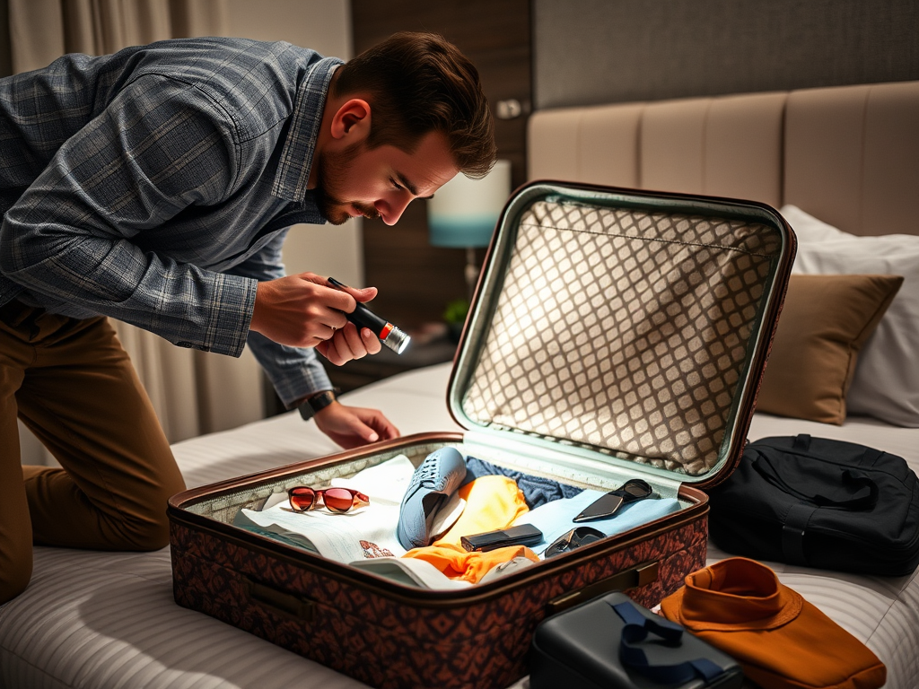 A man uses a flashlight to inspect an open suitcase filled with clothes and accessories on a hotel bed.