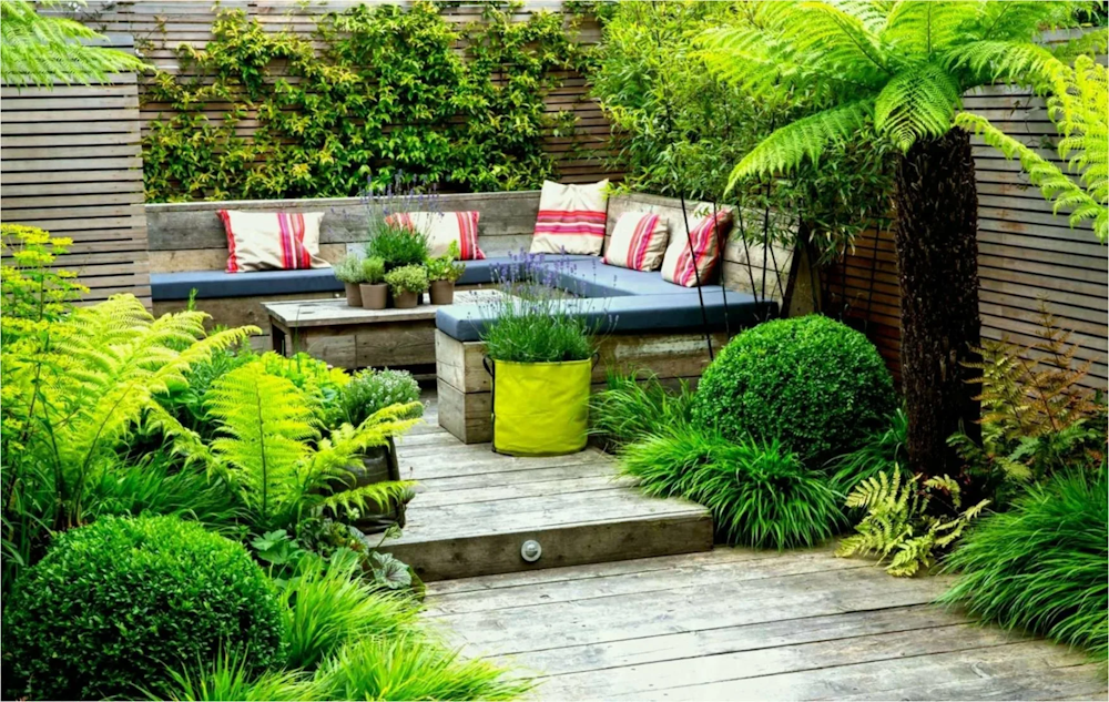 Water features and outdoor seating for tiny garden landscaping ideas