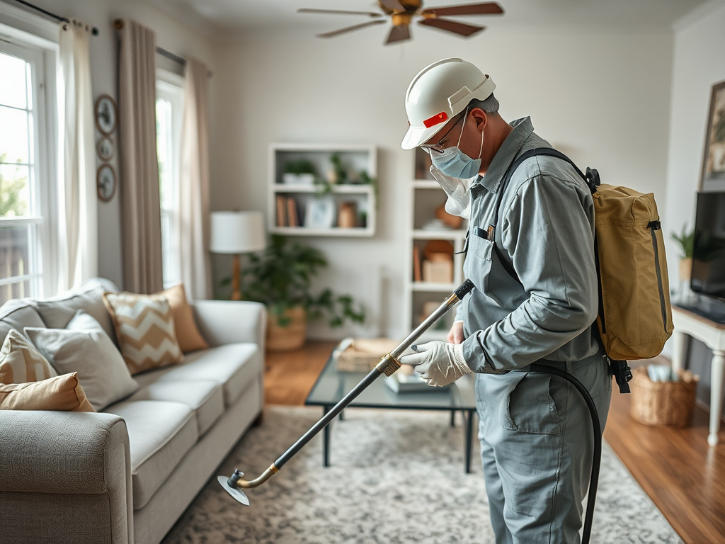 A pest control technician in protective gear sprays insecticide in a modern living room.