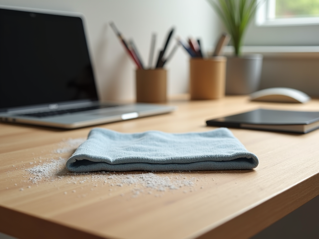 A tidy workspace with a laptop, digital tablet, and supplies in the background, and a cloth with cleaning powder in the foreground.