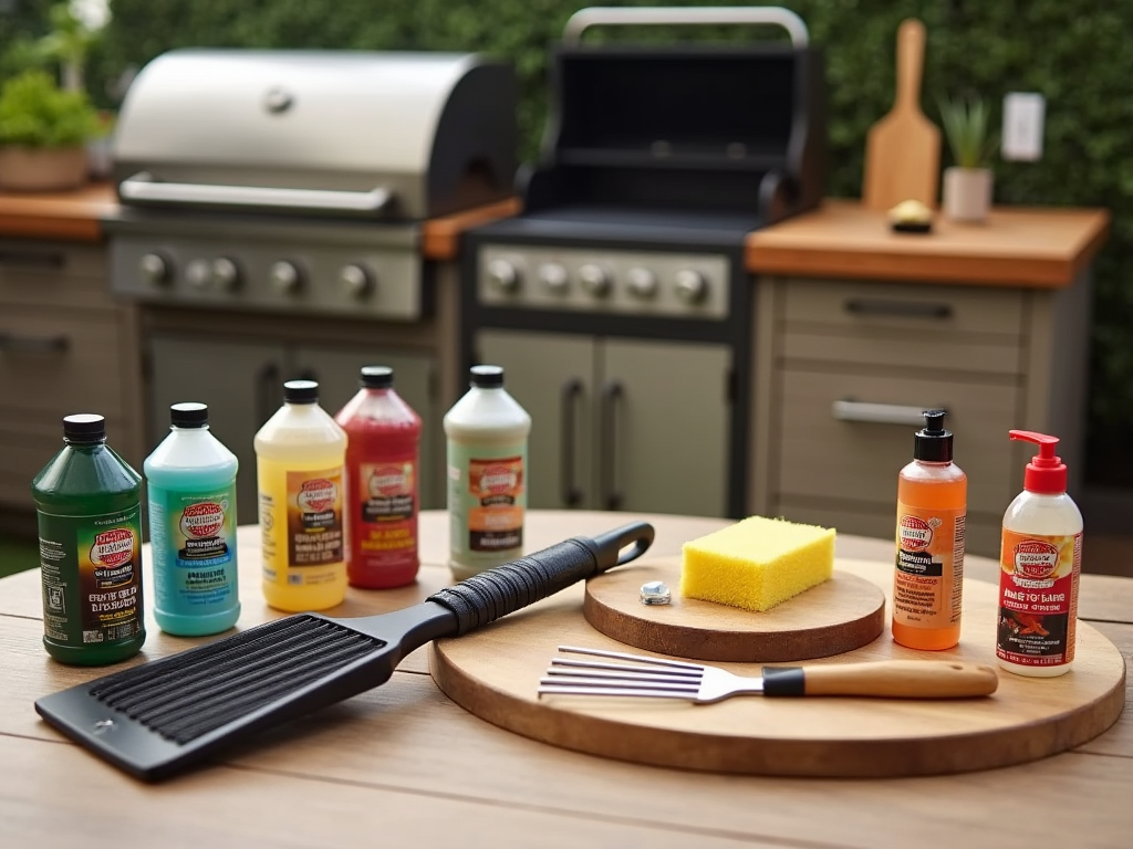 Outdoor grilling setup with various barbecue sauces and cleaning supplies on a wooden table.