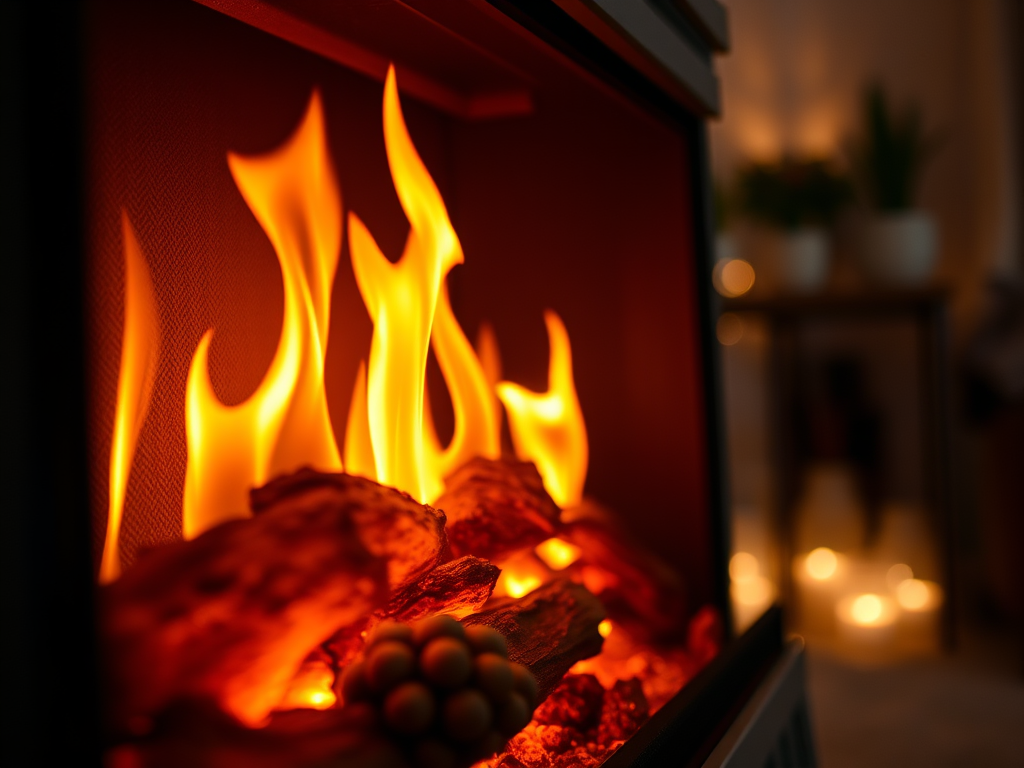 A close-up of a cozy fireplace with vibrant flames and logs, creating a warm, inviting atmosphere.