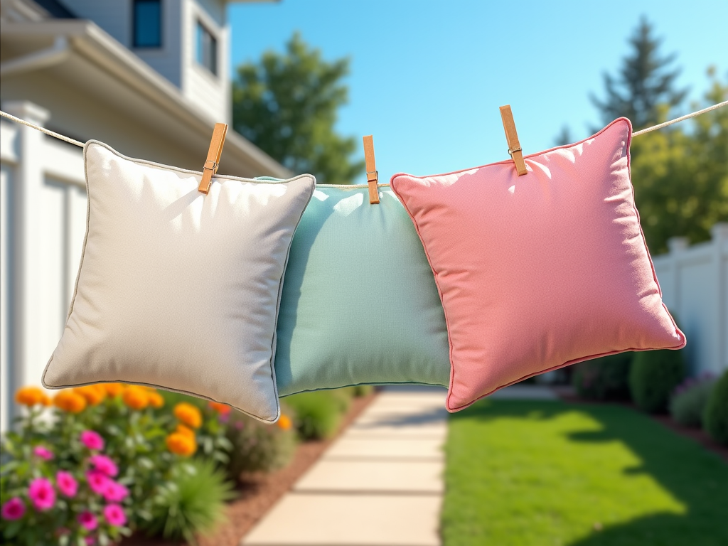 Three colorful pillows hanging on a clothesline in a sunny suburban backyard.