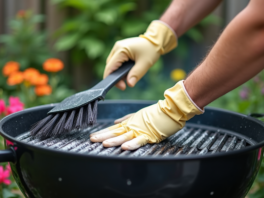 Person in yellow gloves cleaning a barbecue grill with a brush in a garden.