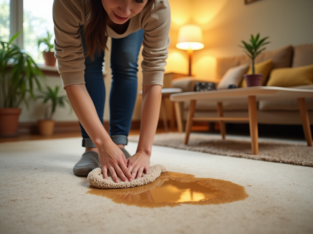 Woman cleaning a spilled liquid on a carpet in a cozy living room.