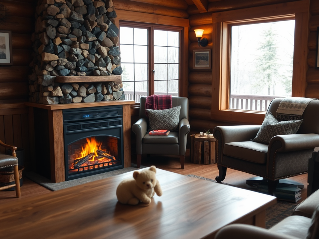 A cozy log cabin living room with a stone fireplace, comfortable chairs, and a teddy bear on the table.