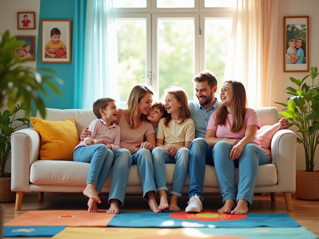 Family of five sitting on a couch, laughing joyfully in a bright living room.