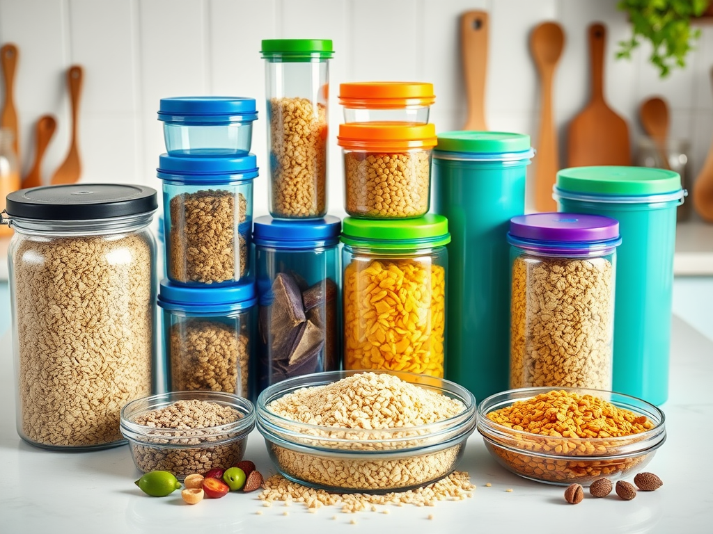 A colorful assortment of jars filled with various grains and snacks on a kitchen countertop.