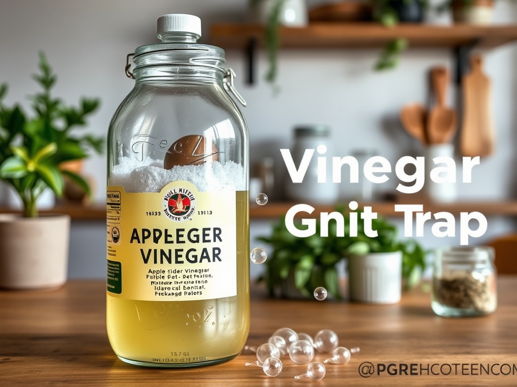 A glass jar of apple cider vinegar with the text "Vinegar Gnit Trap" and bubbles in a cozy kitchen setting.