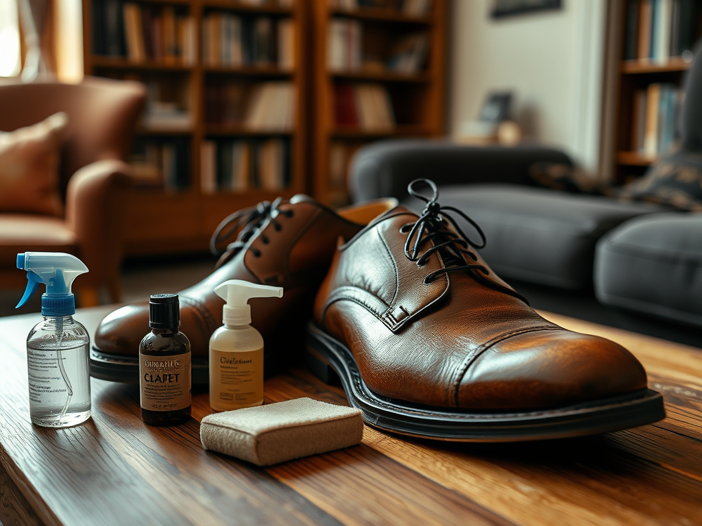 A pair of polished brown leather shoes beside shoe care products and a cleaning cloth on a wooden table.