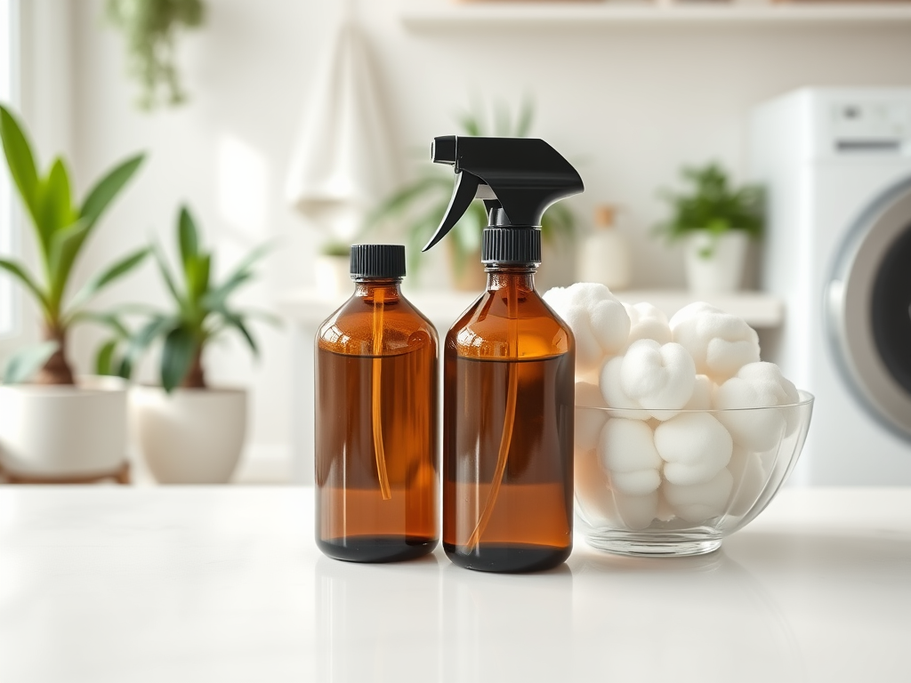 Two amber glass bottles and a bowl of cotton balls are placed on a countertop with indoor plants in the background.