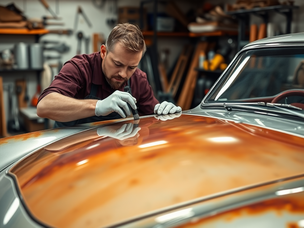 A mechanic carefully restores the rusty hood of a classic car in a workshop, focused and detail-oriented.