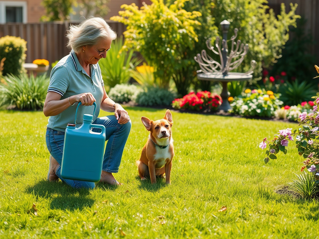 A smiling woman kneels in a colorful garden, holding a watering can next to her seated dog.