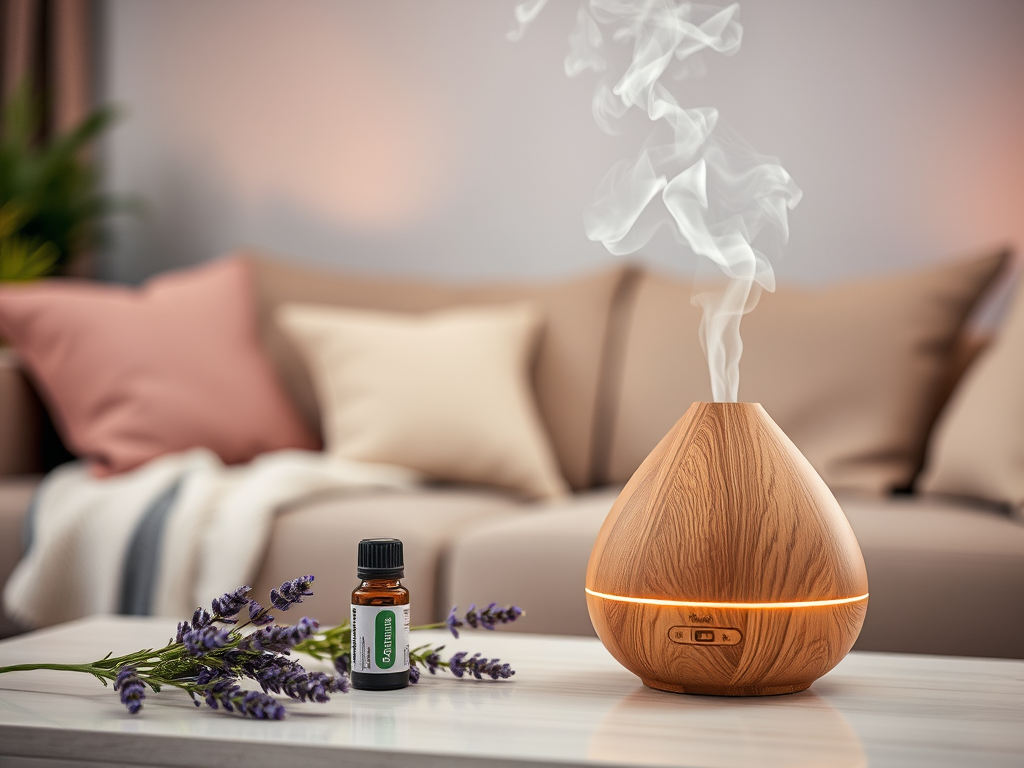 A wooden essential oil diffuser emits steam beside a lavender plant and a bottle of essential oil on a table.