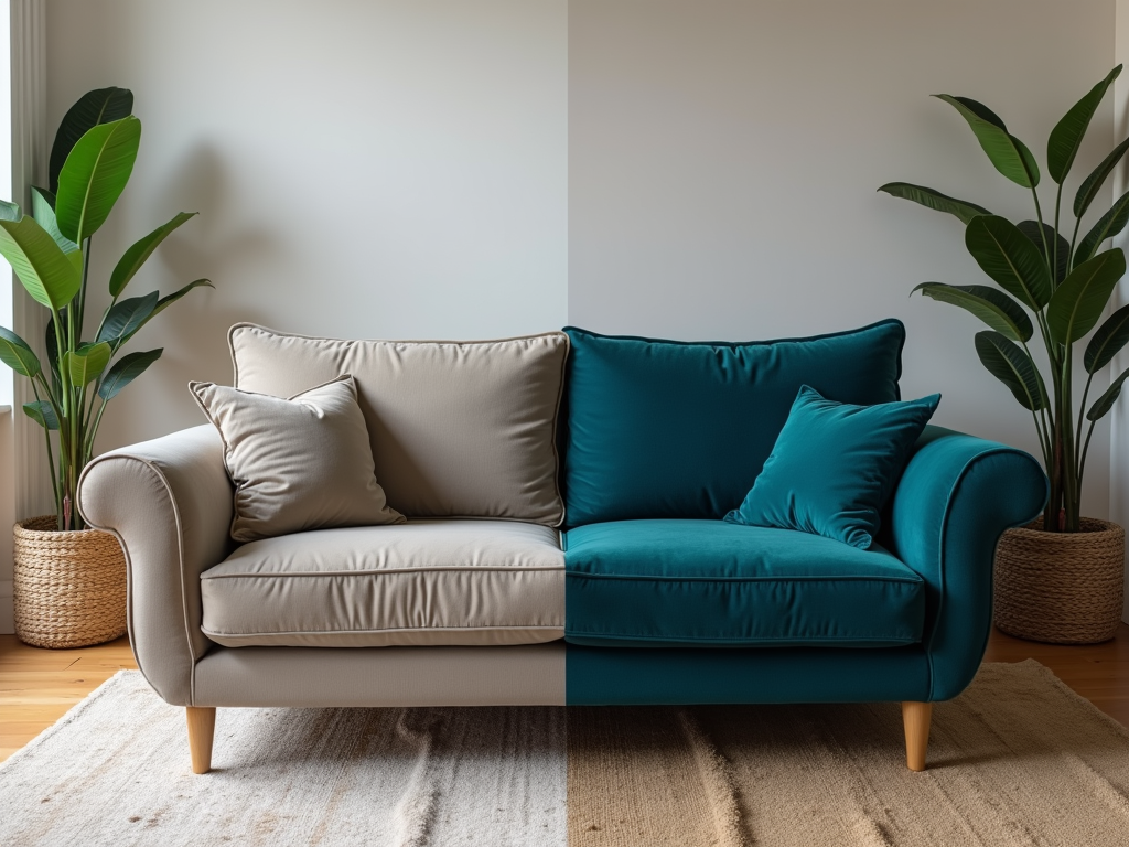 Two sofas with plants, one beige and one teal, in a minimalist room setting.