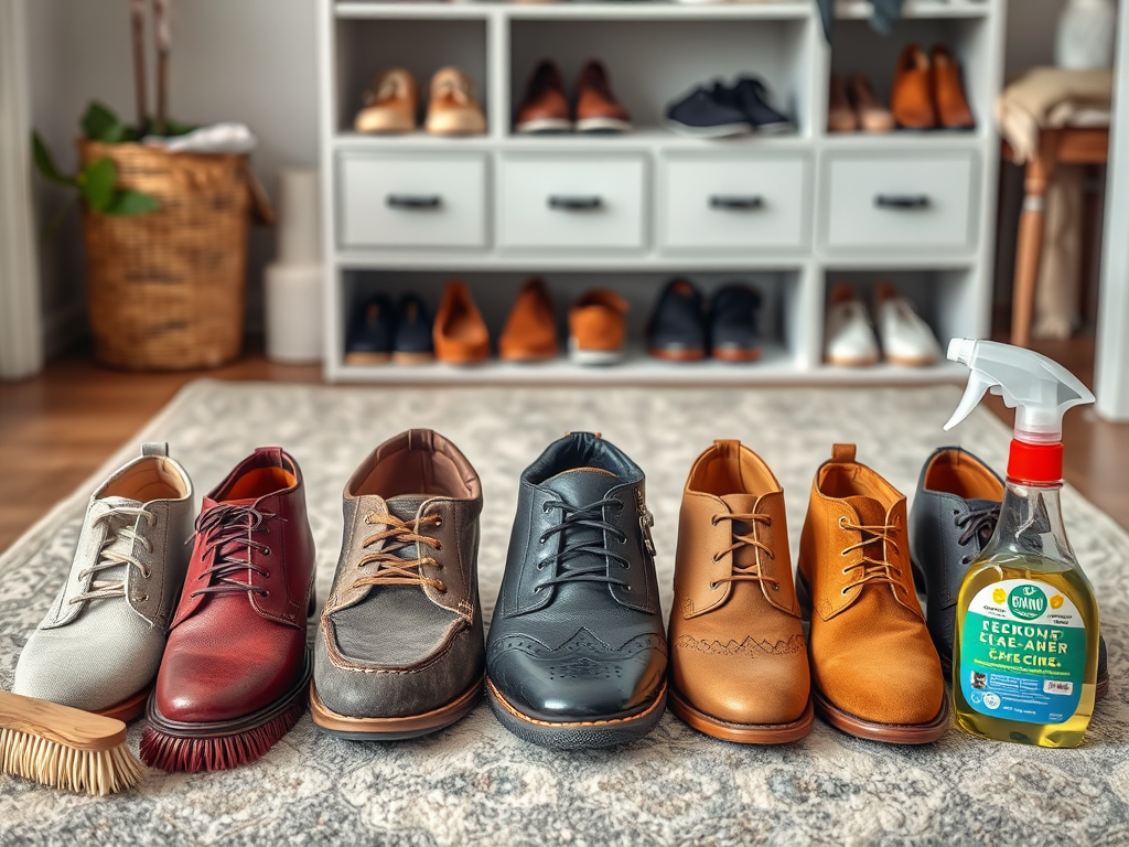 A variety of shoes displayed on a rug, with a shoe cleaner and brush beside them, and a shoe rack in the background.