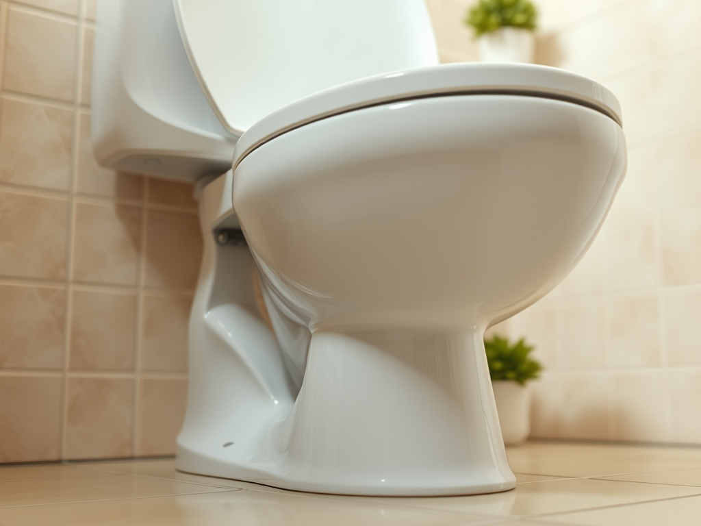 A close-up of a white toilet on tiled flooring, with a small green plant in the background.