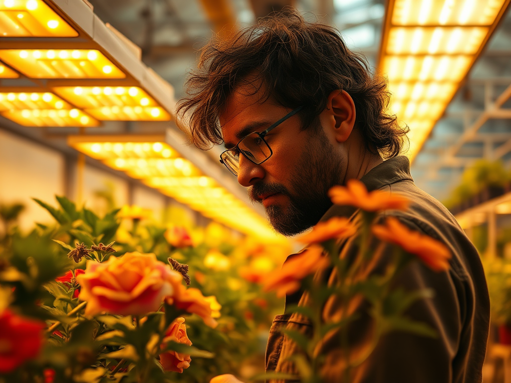 A man with glasses examines vibrant flowers under warm, bright lights in a greenhouse.