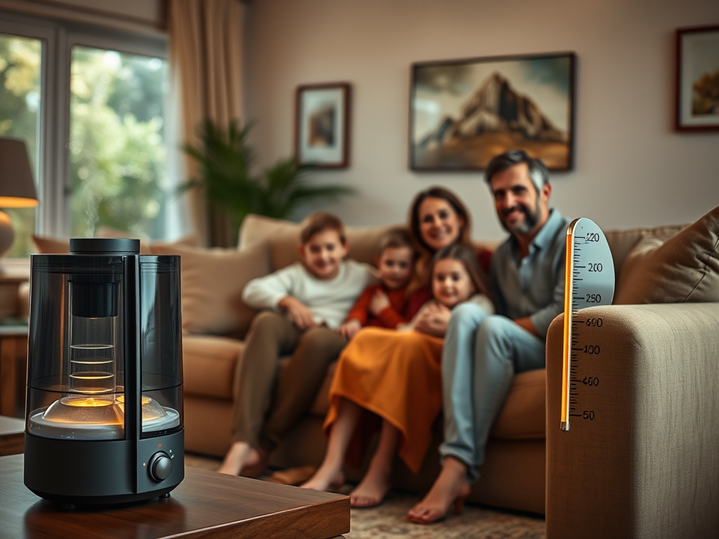 A family sits on a couch near a heater, enjoying a cozy moment together in a warmly lit living room.