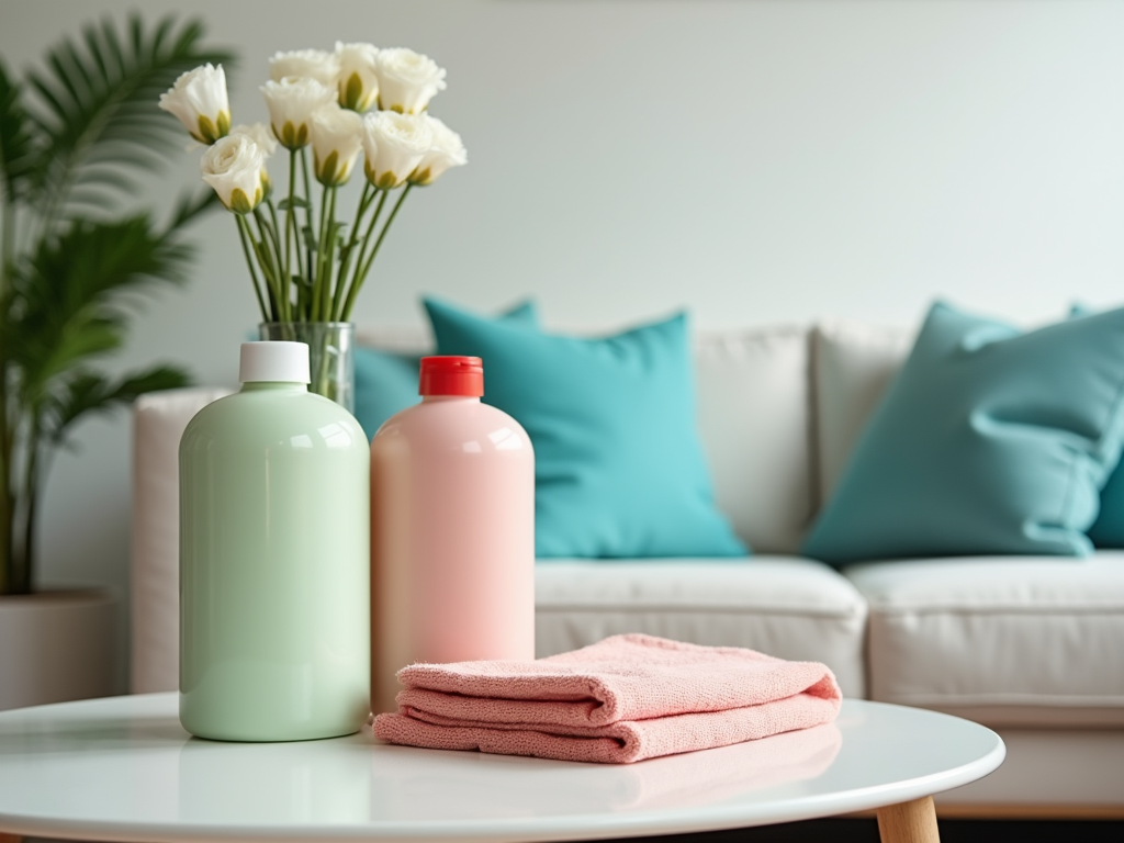 Pastel bottles and towels on a table, white roses in background, cozy living room setting.