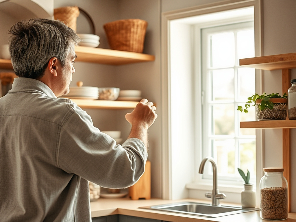 A person standing in a kitchen, gesturing towards shelves filled with dishes and plants by the window.