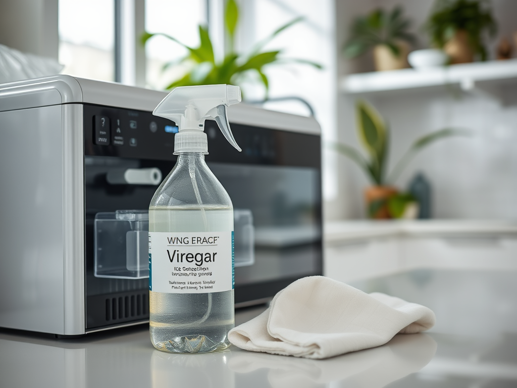 A spray bottle of vinegar sits on a kitchen countertop beside a clean cloth, with plants in the background.