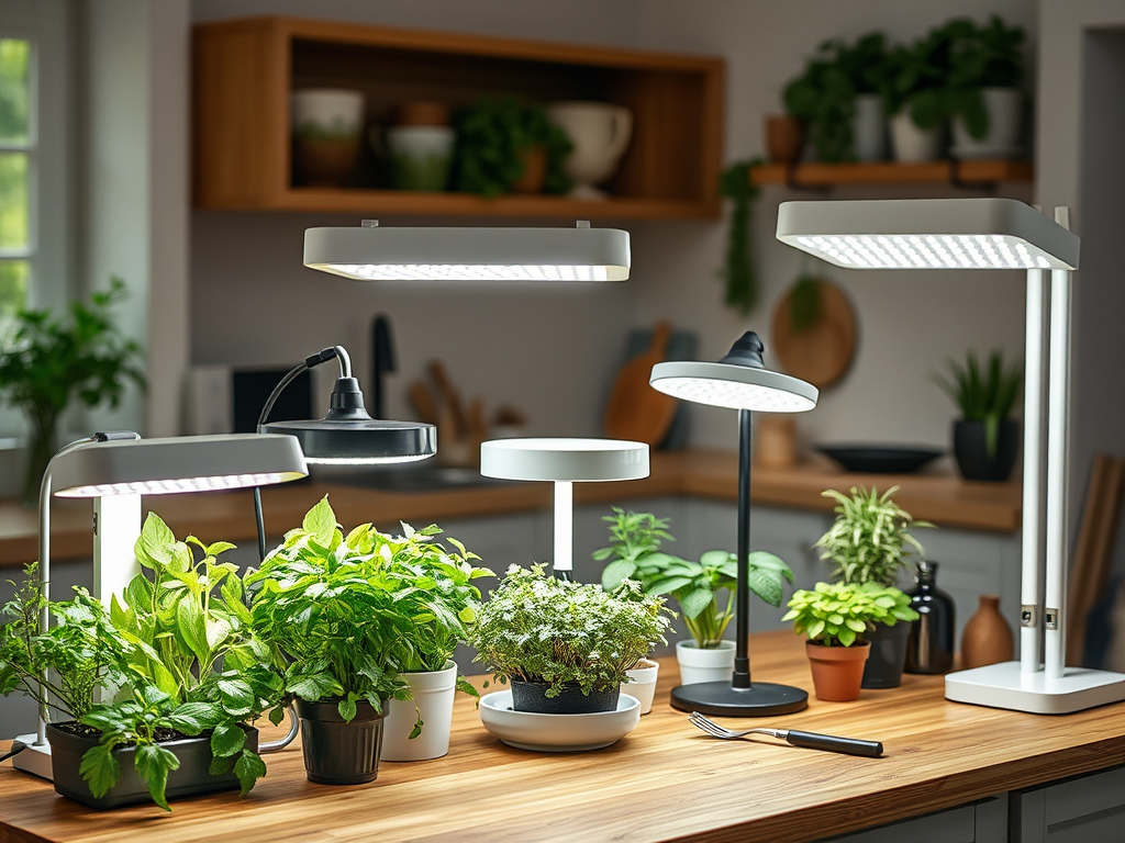 A wooden table with various plants under different lamps, creating a bright and lively indoor gardening space.