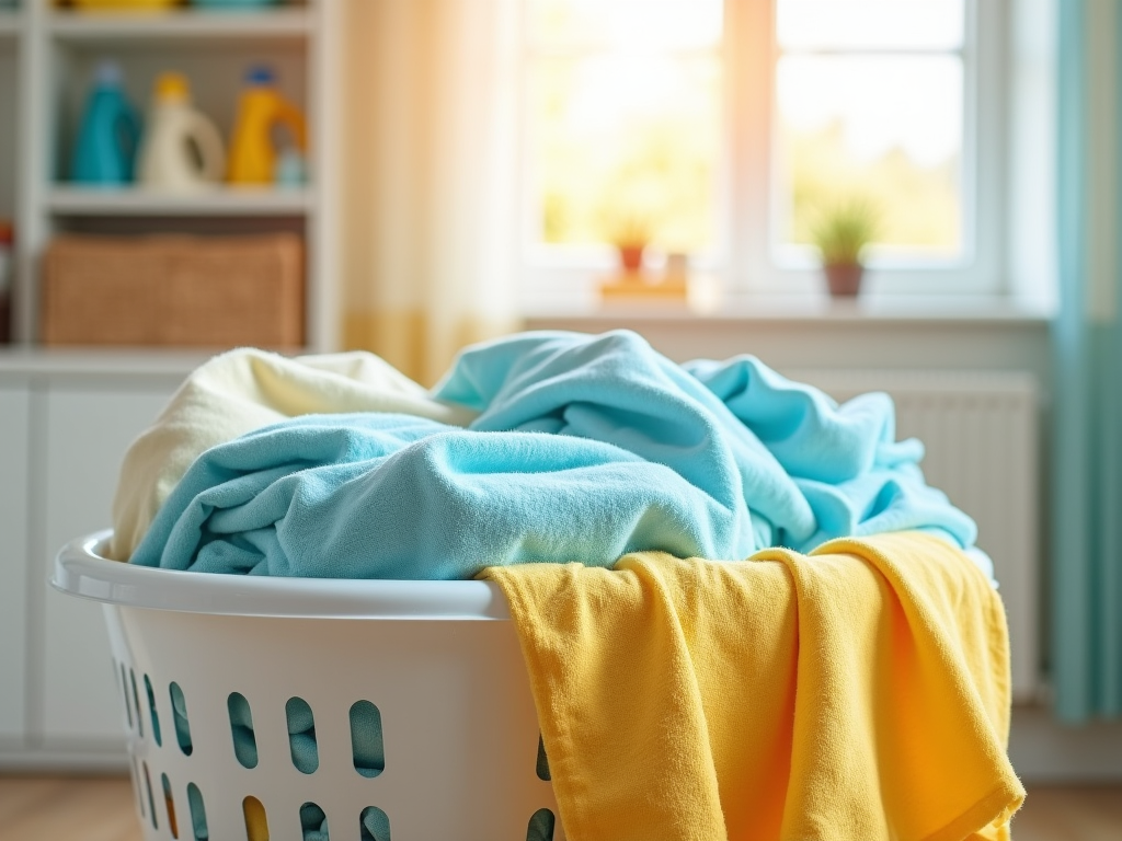 Laundry basket filled with colorful towels in a sunny room, with cleaning supplies on shelves in the background.