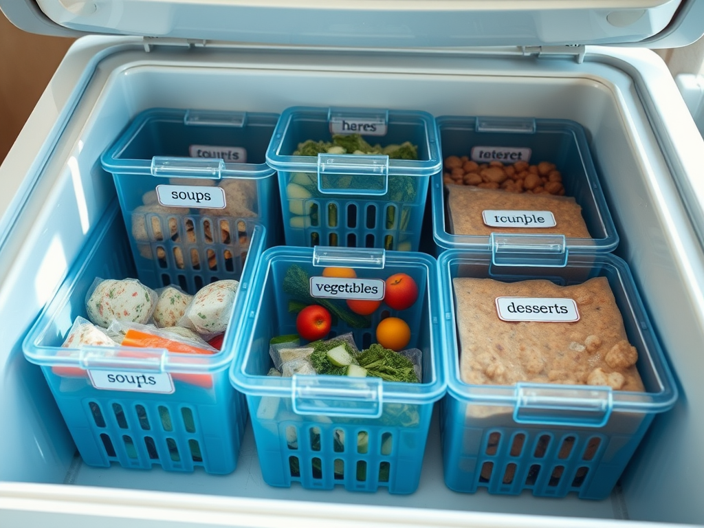 A top-down view of a freezer organized with labeled blue baskets containing soups, vegetables, herbs, and desserts.