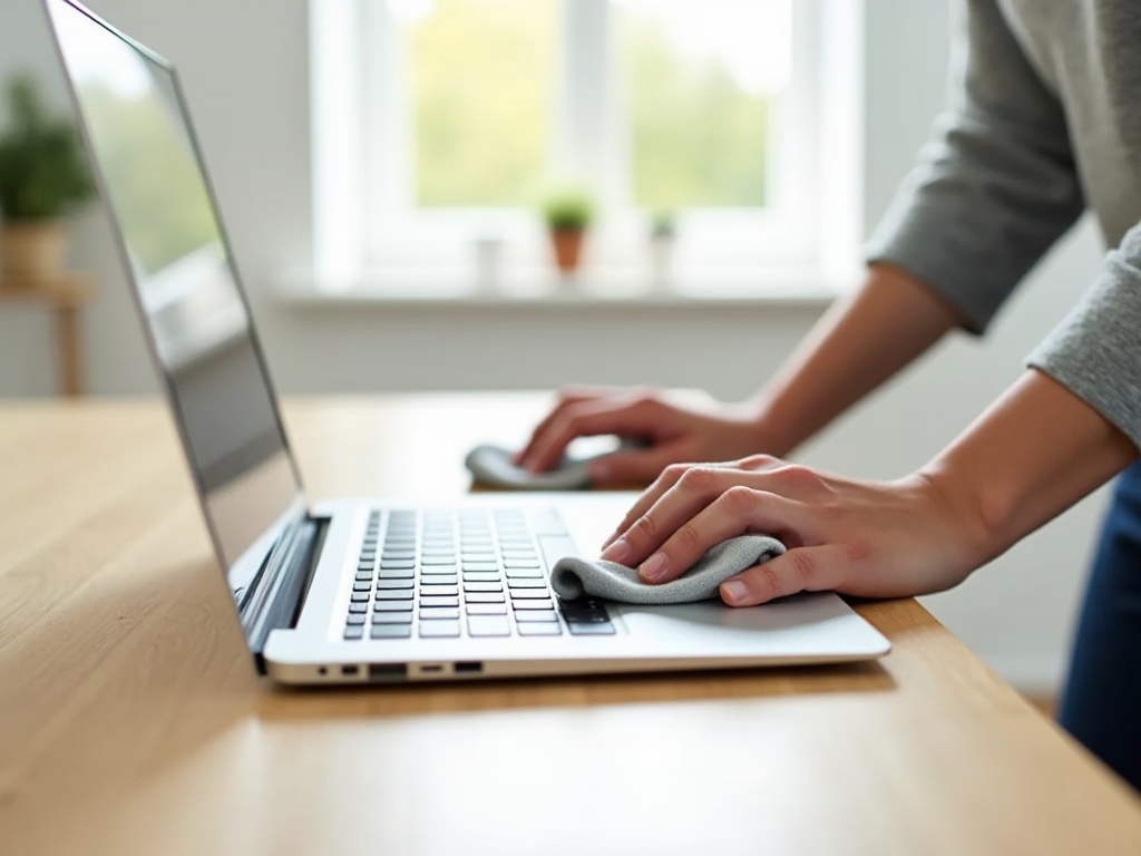 Person using a laptop with a mouse on a wooden desk, near a window with a view of greenery.