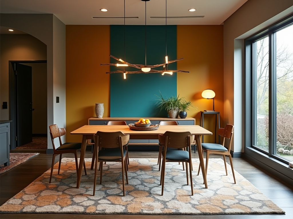 Modern dining room with colorful walls, stylish lighting, wooden table, and mid-century chairs.