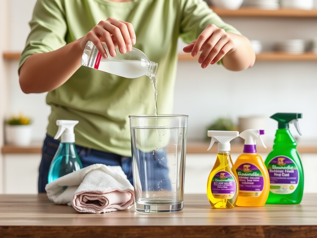 A person pours liquid from a bottle into a glass while cleaning products are arranged on a countertop.