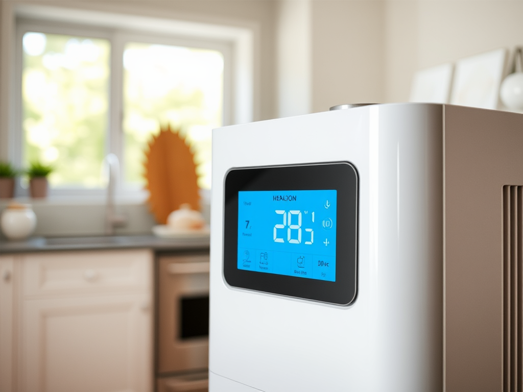 A modern appliance with a digital display showing temperature settings and indicators in a bright kitchen.